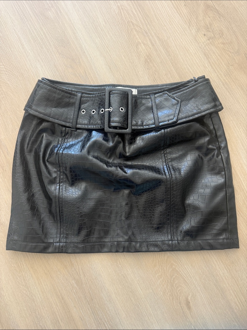 Only Black Faux Leather Croc-Embossed Mini Skirt with Belt